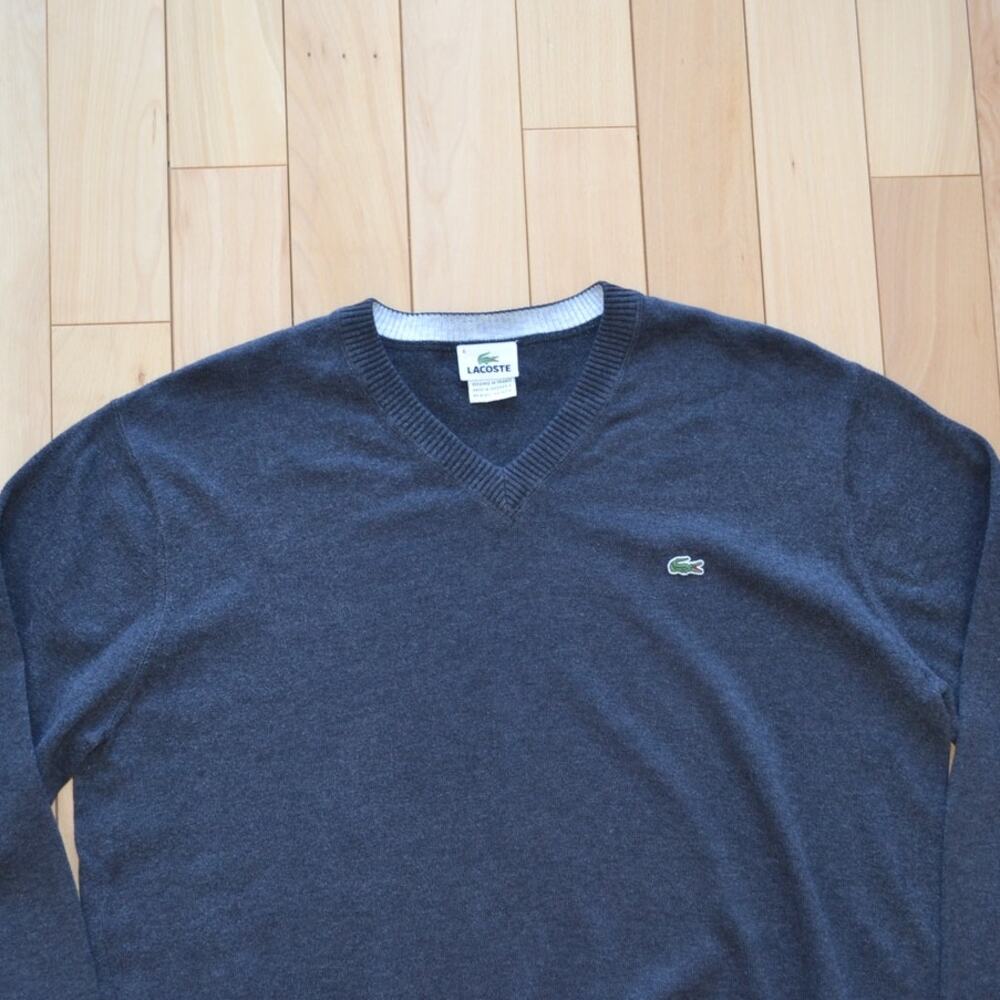 Lacoste V Neck Wool Sweater Gray Size Large - Picture 2 of 5